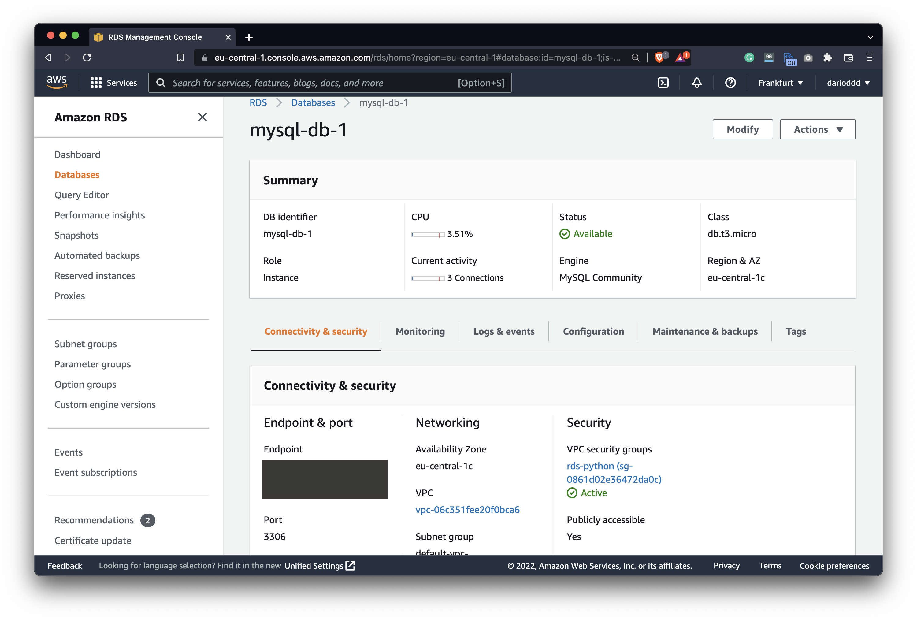 Database connection endpoint and port